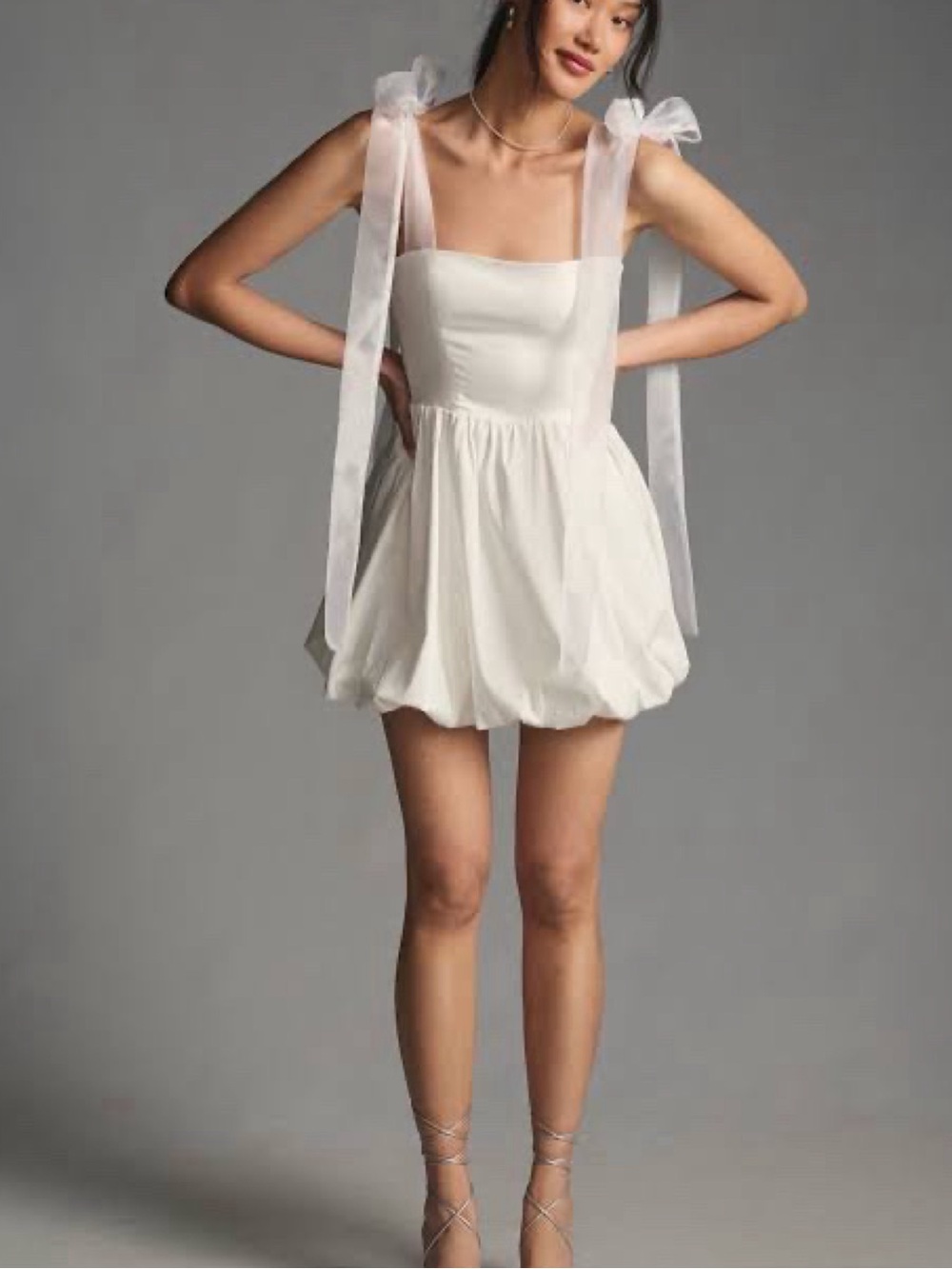 Reformation White Ribbon-Strap Bubble Hem Mini Dress